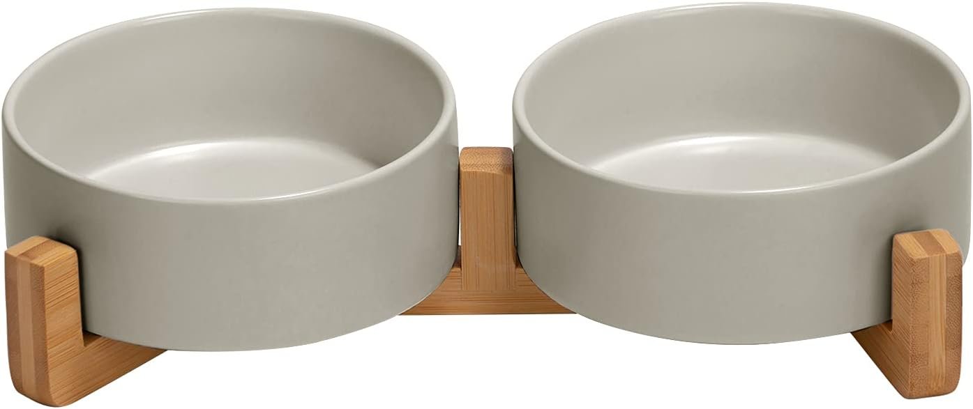Ceramic Dog and Cat Bowl with Wood Stand Non-Slip Matte Glaze Weighted Food Water Set for Cats &Small Dogs 13.5OZ