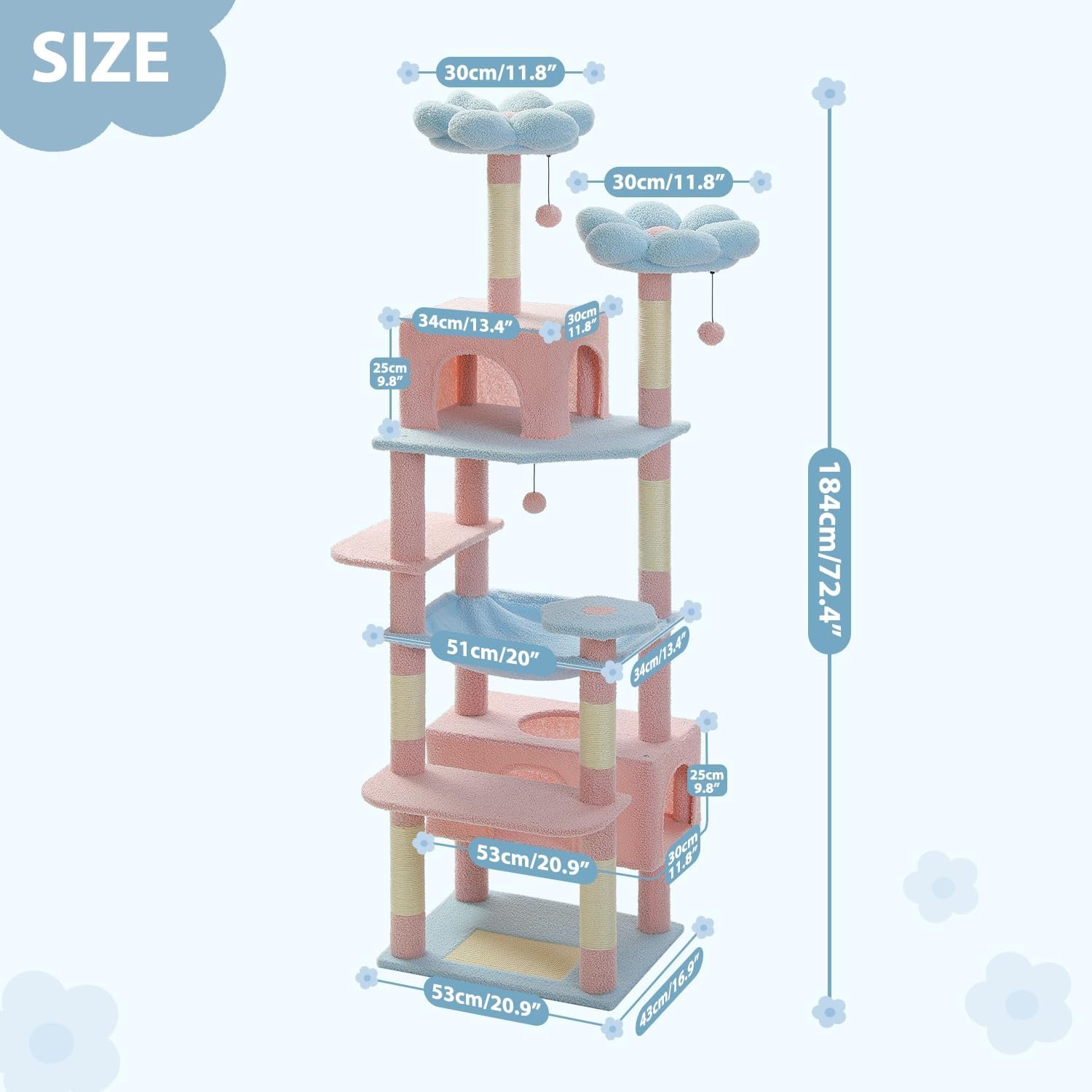 Flower Cat Tree, 72 Inches Large Cat Tower with Steel Frame Hammock and 7 Scratching Posts, Tall Cat Tree with 2 Condos and Perches for Large Indoor Cats - Blue - Image 2