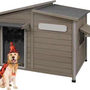 Dog House Outdoor Weatherproof Large Wooden Dog Kennel Indoor with Chew-Proof Iron Frame, Removable Floor, and Adjustable Window for Large and Medium Dogs (Grey, 43.5"D x 29.5"W x 33.5"H)