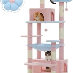 Flower Cat Tree, 72 Inches Large Cat Tower with Steel Frame Hammock and 7 Scratching Posts, Tall Cat Tree with 2 Condos and Perches for Large Indoor Cats - Blue
