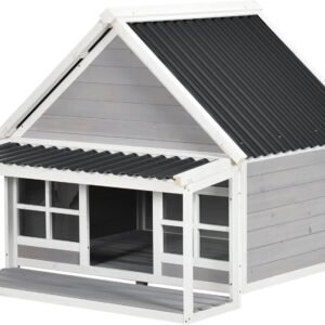 Wooden Dog House with Porch, Dog House Outdoor with Tilt Roof, Front Door, Windows for Medium Large Sized Dog