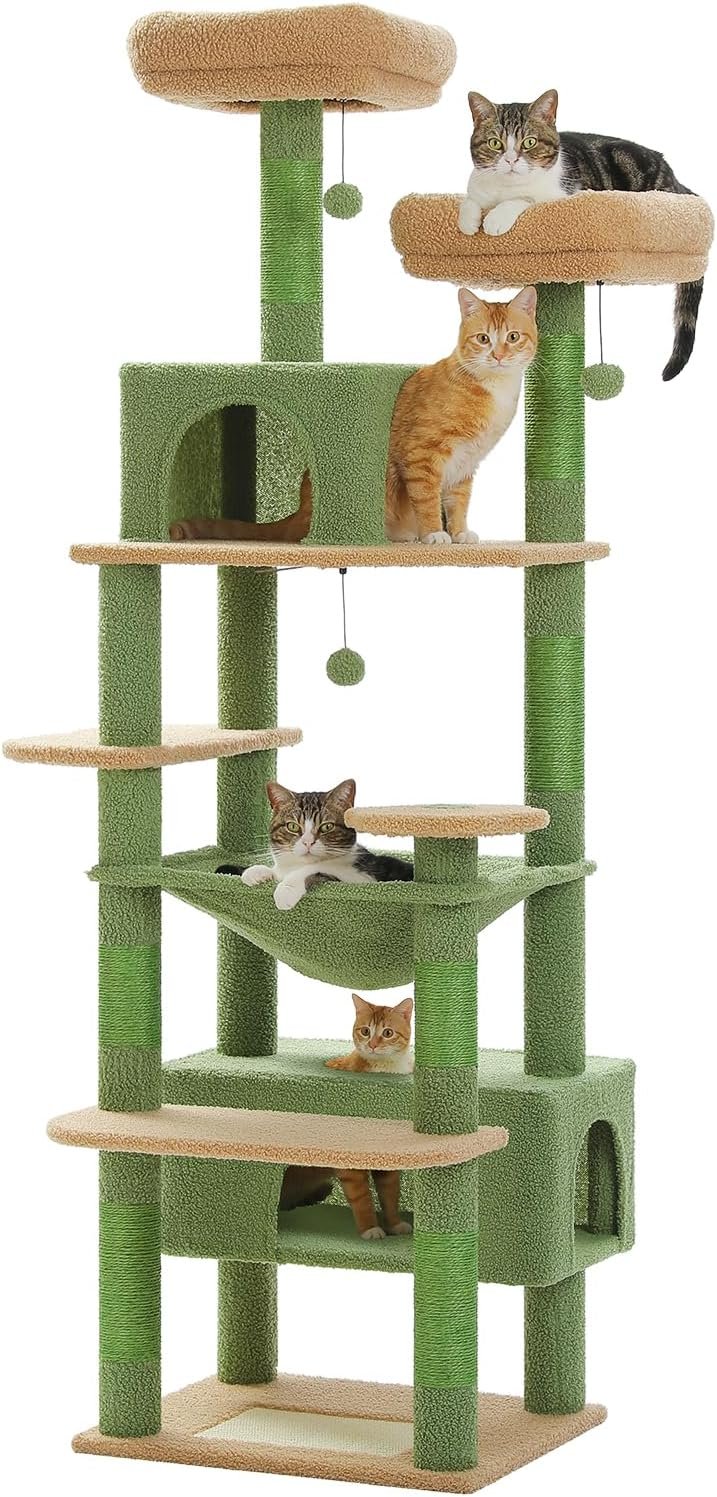 Large 72 Inches Cat Tree and Tower for Indoor Cats - with Sisal-Covered Scratching Posts, Padded Perches, Condos, and Basket - Green