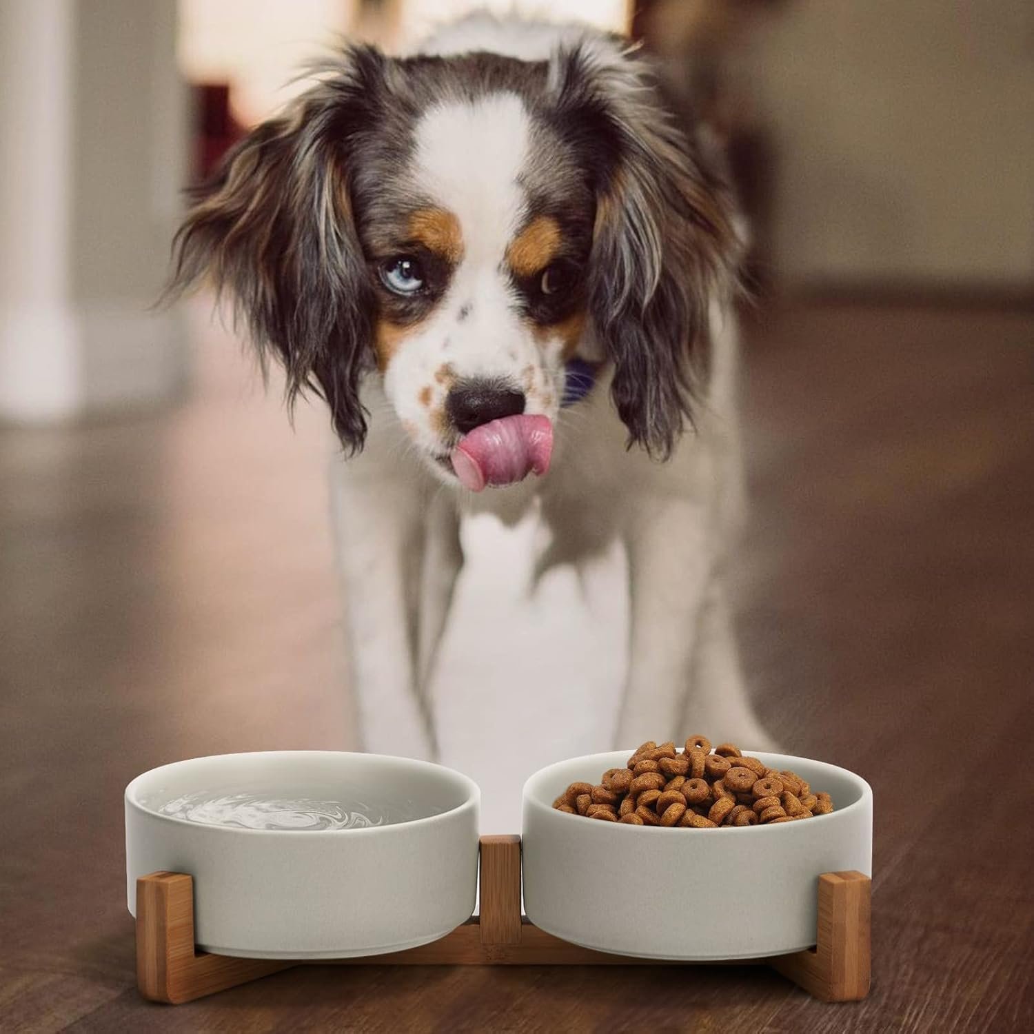 Ceramic Dog and Cat Bowl with Wood Stand Non-Slip Matte Glaze Weighted Food Water Set for Cats &Small Dogs 13.5OZ - Image 2