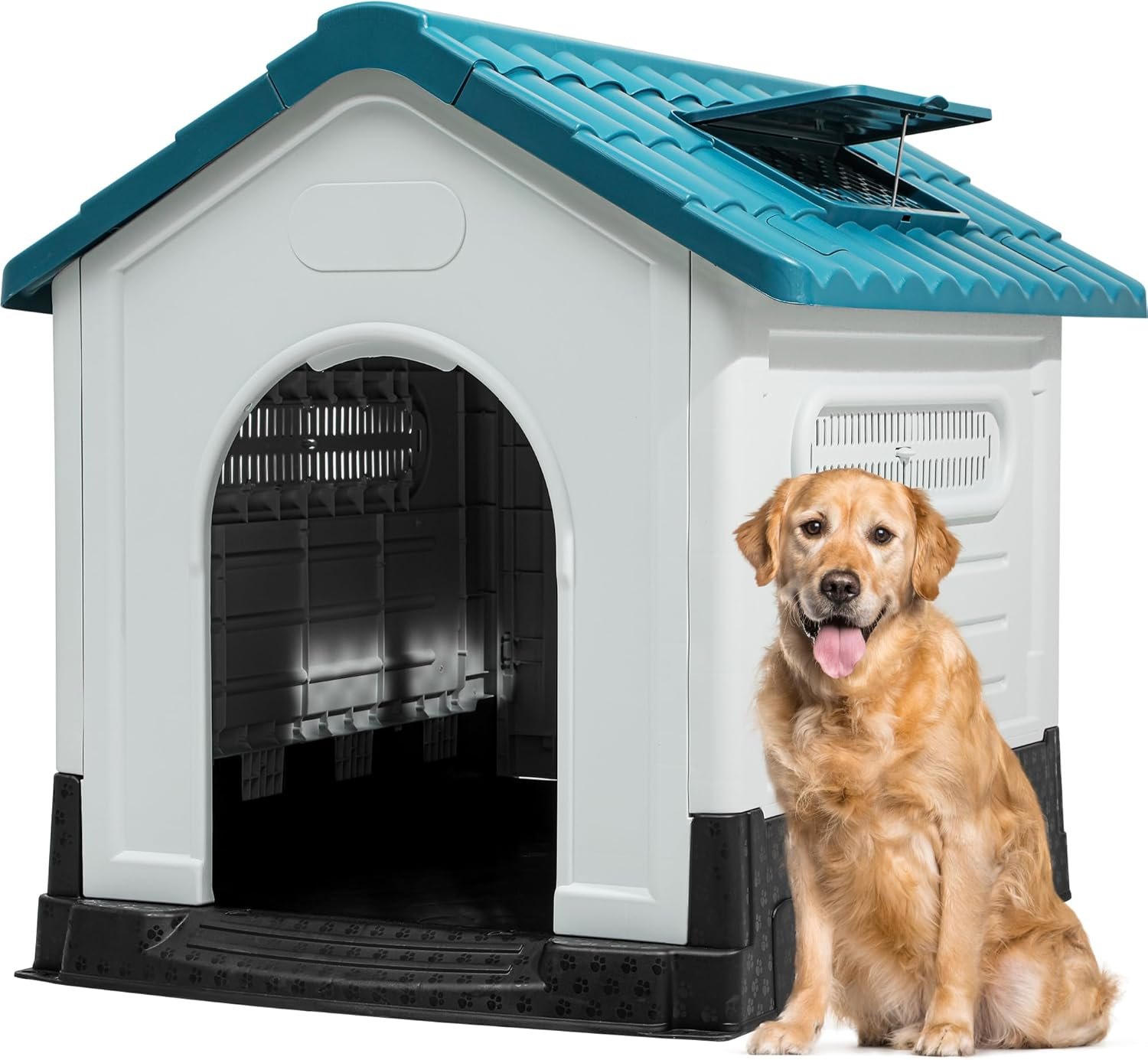 41.3'' Folding Large Dog House Outdoor Plastic Doghouse with Adjustable Skylight and Elevated Base Water Resistant Pet House for Small, Medium, and Large Dogs (41.3''L*34.6''W*39''H)