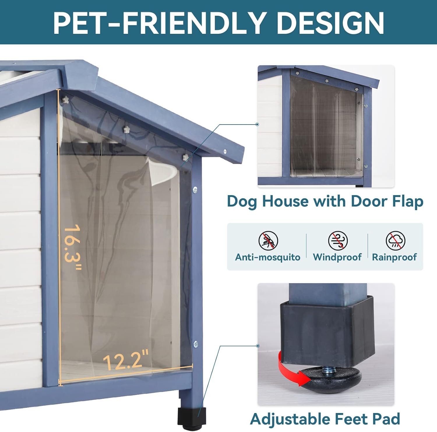 Small Dog House, 33" L x 22.5" W x 25.2" H Waterproof PVC Roof Dog House for Small Dogs,Small Dog House with Adjustable Foot Mat and Door Flap, White - Image 2