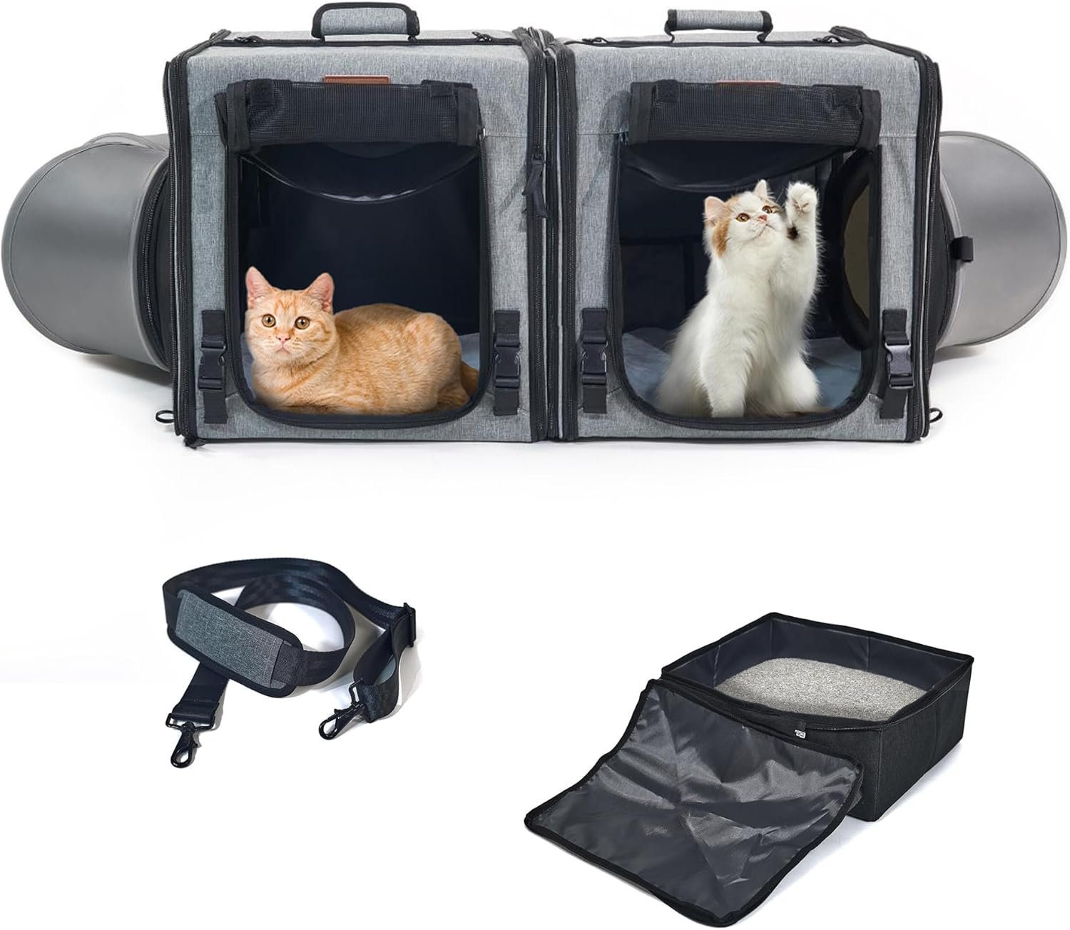 Cat Travel Carrier with Litter Box 2-in-1 Portable Double Cat Carriers for 2 Cats and Pet Shelter Ideal for Multiple Cats Soft Foldable Design with Shoulder Strap Large Size Double Grey