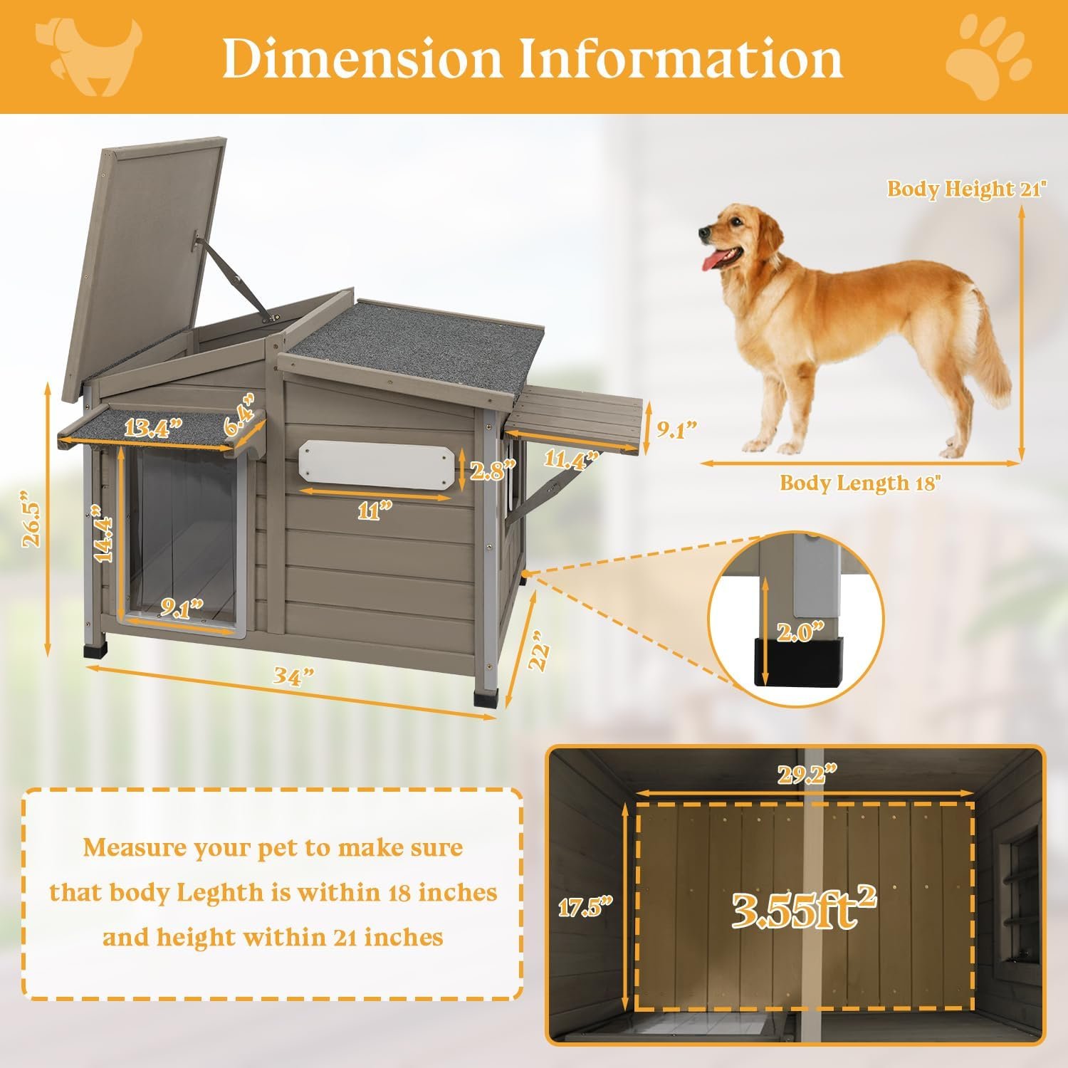 Dog House Outdoor Weatherproof Large Wooden Dog Kennel Indoor with Chew-Proof Iron Frame, Removable Floor, and Adjustable Window for Large and Medium Dogs (Grey, 34" D x 22" W x 26.5" H) - Image 2