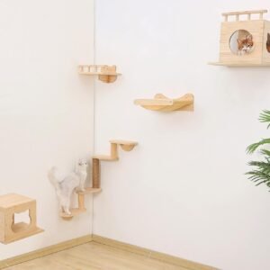 Wall Mounted Cat Shelves Wood Cat Wall Furniture Set for Indoor Climbing Playground with 2 House& Hammock & 4-Levels Ladder & 1 Cat Scratching Post