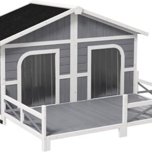 Dog House Outdoor, Wooden Dog Kennel Weatherproof with Porch, Double Room, Openable Roof, Removable Bottom, Elevated Floor, for Small to Medium Dogs, Gray