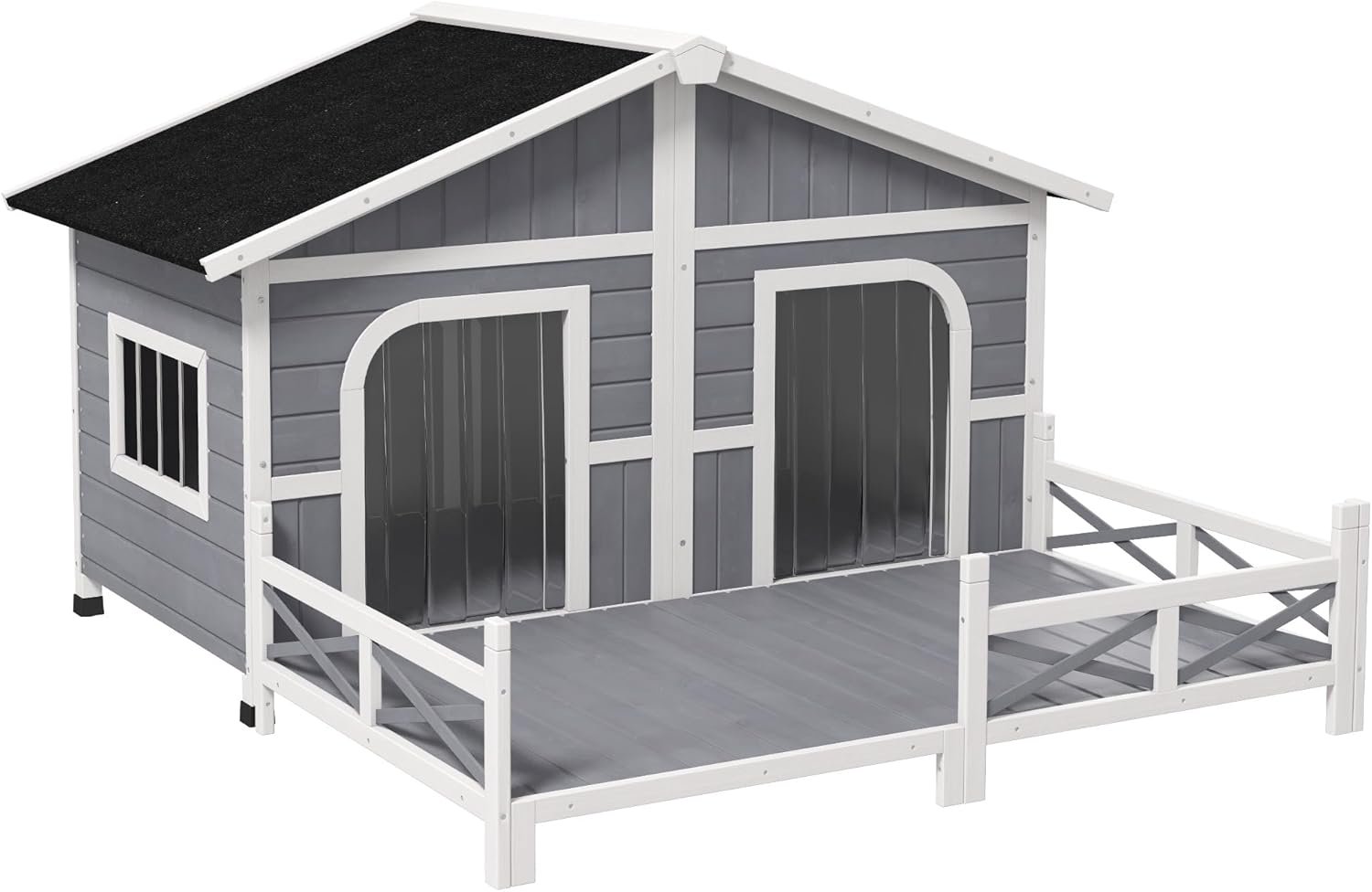 Dog House Outdoor, Wooden Dog Kennel Weatherproof with Porch, Double Room, Openable Roof, Removable Bottom, Elevated Floor, for Small to Medium Dogs, Gray