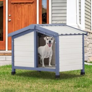 Small Dog House, 33" L x 22.5" W x 25.2" H Waterproof PVC Roof Dog House for Small Dogs,Small Dog House with Adjustable Foot Mat and Door Flap, White