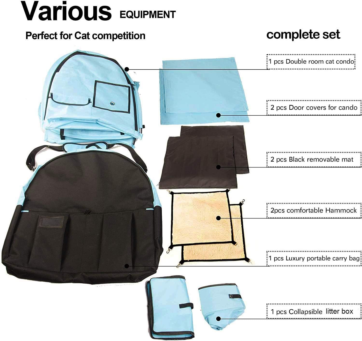 Portable Twin Compartment Show House Cat Cage/Condo - Easy to Fold & Carry Kennel - Comfy Puppy Home & Dog Travel Crate with Portable Carry Bag/Two Hammocks/Mats and Collapsible Litter Box - Image 2