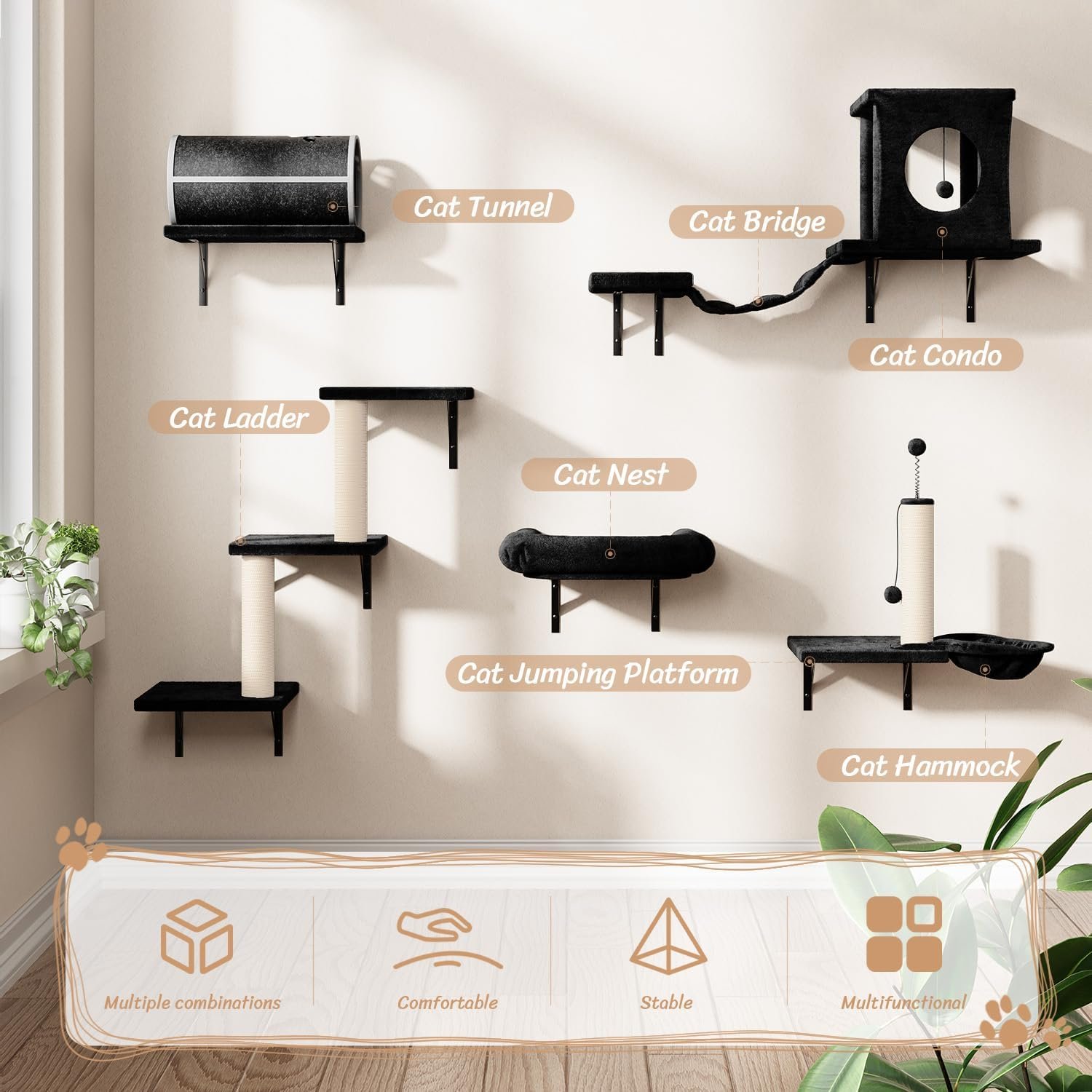7-in-1 Wall Mounted Cat Climber Set, Cat Furniture Set, Cat Climber with Cat House, Tunnel, Bridge, Tree, Steps, Scratcher Board and Hammock, Cat Shelves for Indoor, Luxury Cat Walls(Black) - Image 2