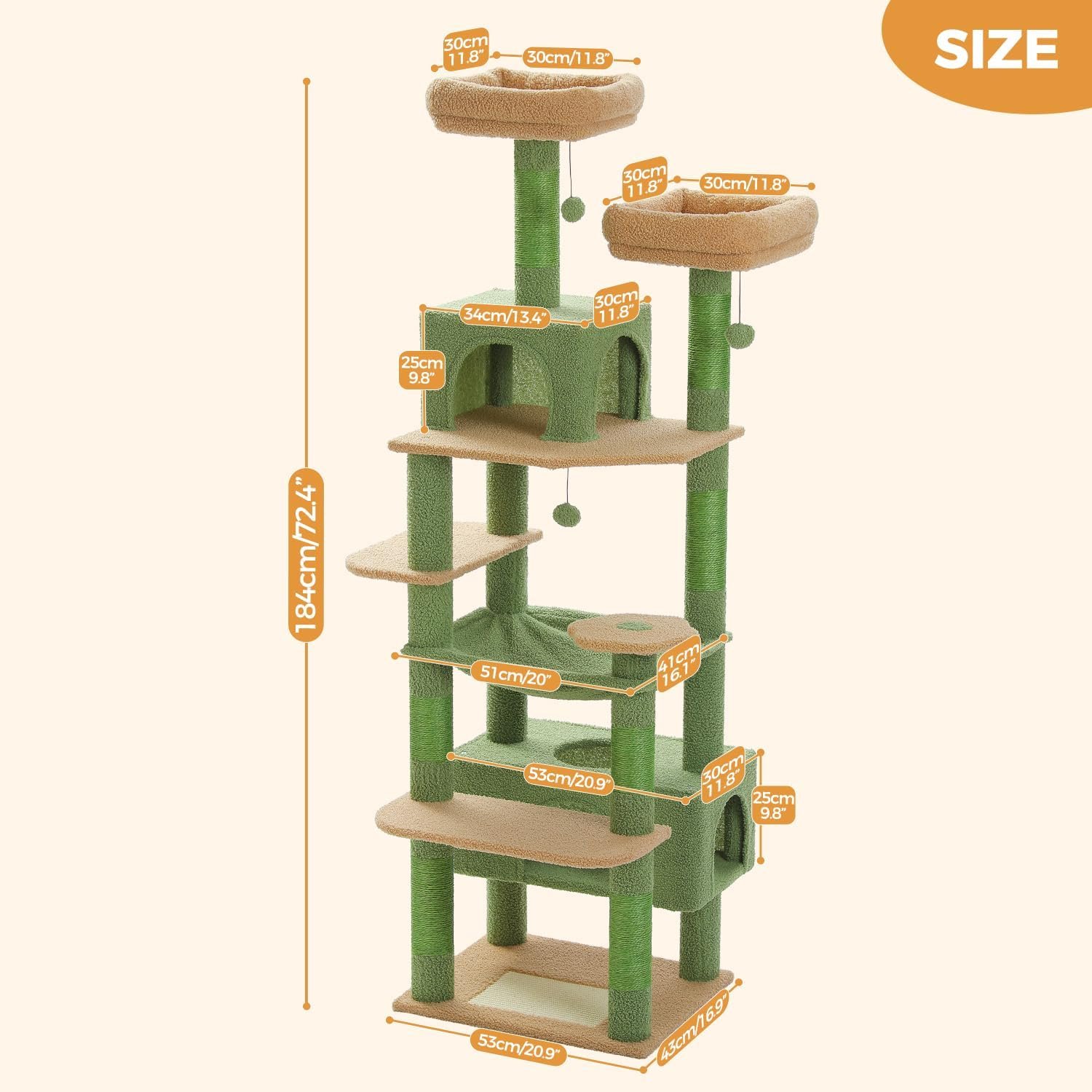Large 72 Inches Cat Tree and Tower for Indoor Cats - with Sisal-Covered Scratching Posts, Padded Perches, Condos, and Basket - Green - Image 2