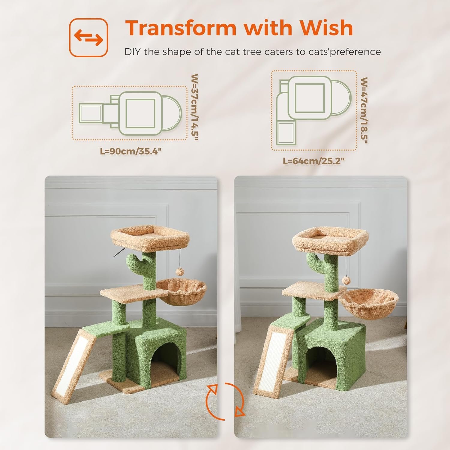 Cactus Cat Tree for Indoor Cats, 32'' Small Cat Tower Cat Condo with Sisal Scratching Ramp, Cozy Hammock and Removable Top Bed Perch for Kittens, Green - Image 2