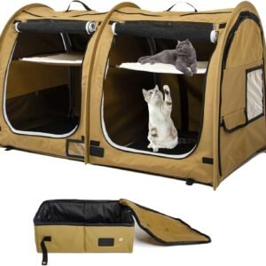Portable Twin Compartment Show House Cat Cage/Condo - Easy to Fold & Carry Kennel - Comfy Puppy Home & Dog Travel Crate with Portable Carry Bag/Hammocks/Mats and Litter Box