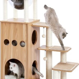 Modern Cat Tree for Large Cat, Wood Cat Tower Heavy Duty with Scratch Post for Indoor Big Cats, 51" Extra Tall Cat Condo Sturdy Frisco Castle with Clear Bowl for Kittens Maine Coon 20Lbs