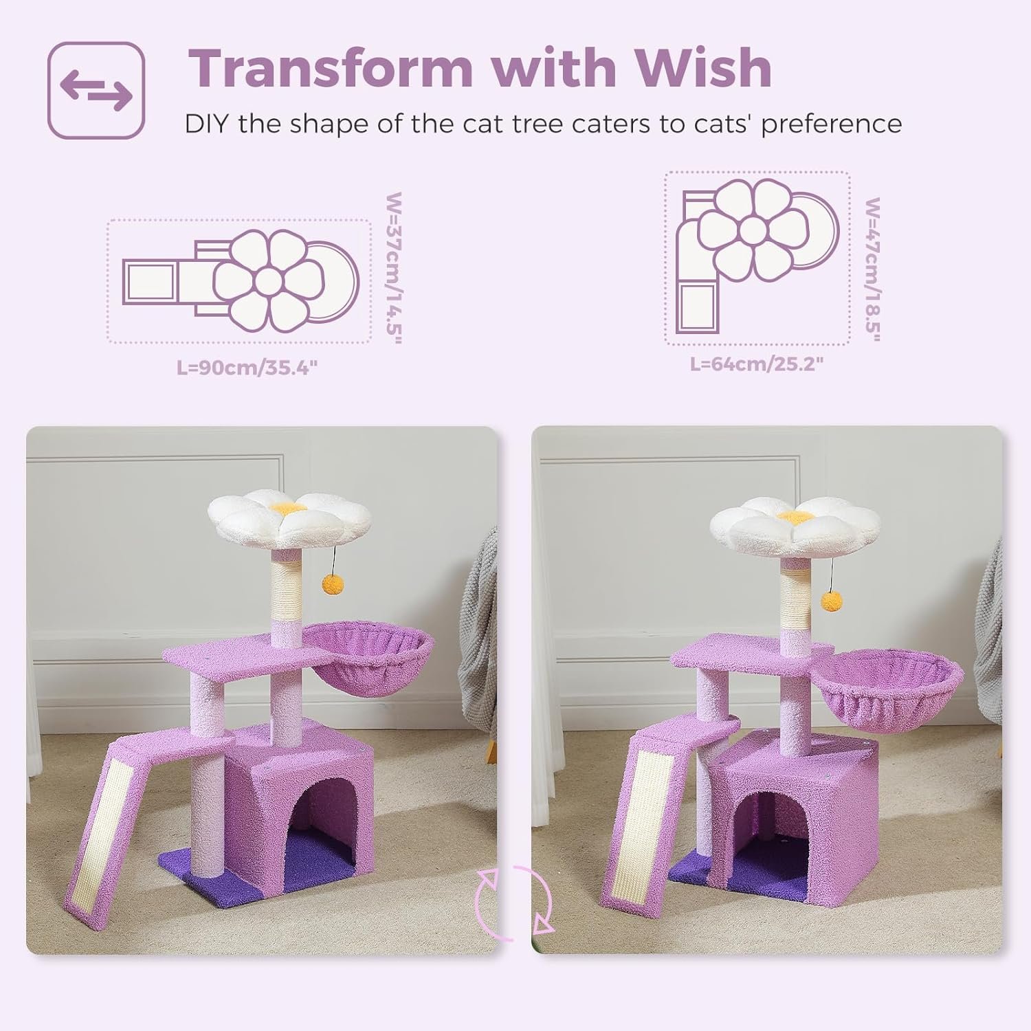 Flower Cat Tree for Indoor Cats, 32'' Small Cat Tower Cat Condo with Sisal Scratching Ramp, Cozy Hammock and Removable Flower Bed Perch for Kittens, Purple - Image 2