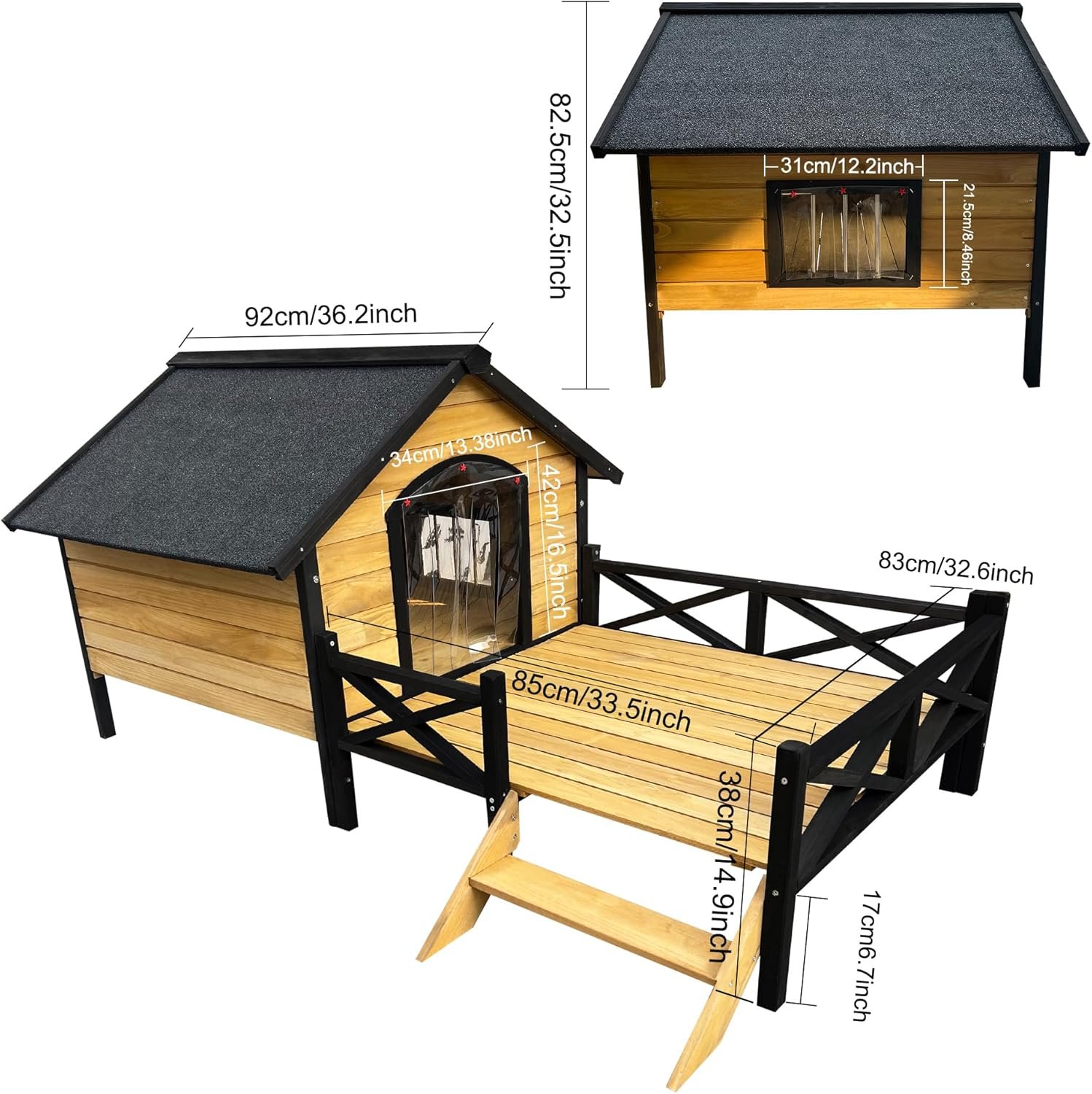 Large Dog House Outdoor Indoor, Weatherproof Dog Houses with Porch, Wooden Dog House with Window for Small Medium Sized Dogs (Wodden) - Image 2