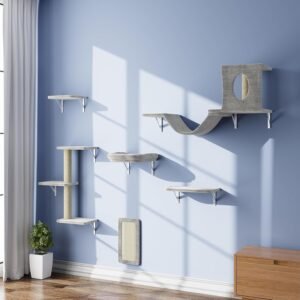 Wall Mounted Cat Furniture, 6pc Cat Wall Furniture, Cat Climber with Cat House, Bridge, Tree, Steps, and Scratcher, DIY Cat Walls Playground, Cat Shelves for Indoor Wall Furniture Set - Grey