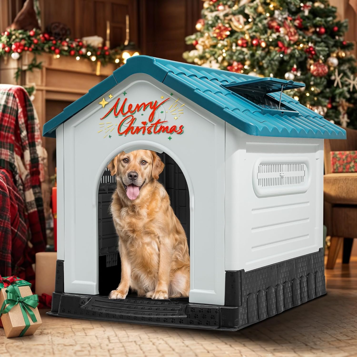 41.3'' Folding Large Dog House Outdoor Plastic Doghouse with Adjustable Skylight and Elevated Base Water Resistant Pet House for Small, Medium, and Large Dogs (41.3''L*34.6''W*39''H)