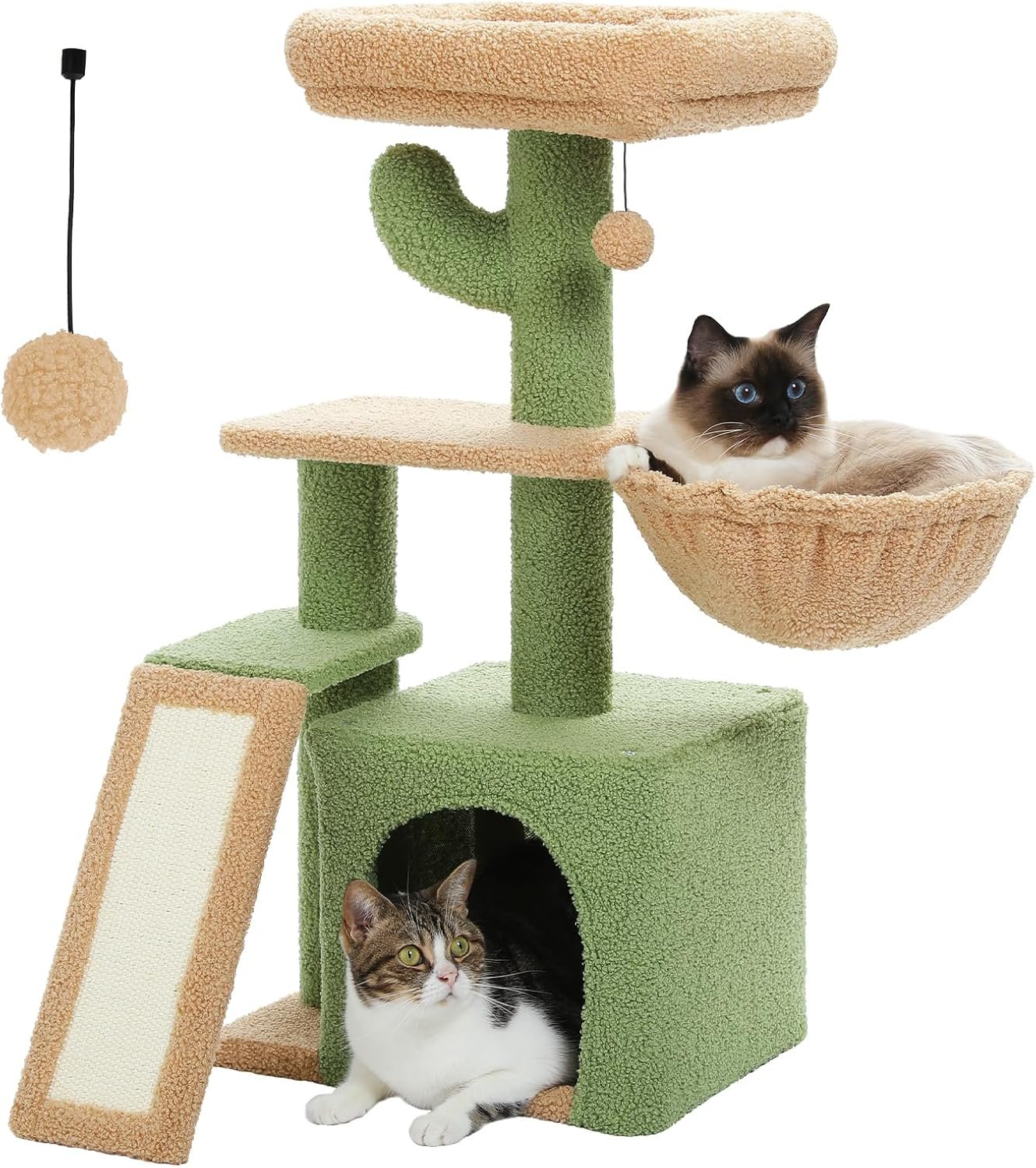 Cactus Cat Tree for Indoor Cats, 32'' Small Cat Tower Cat Condo with Sisal Scratching Ramp, Cozy Hammock and Removable Top Bed Perch for Kittens, Green