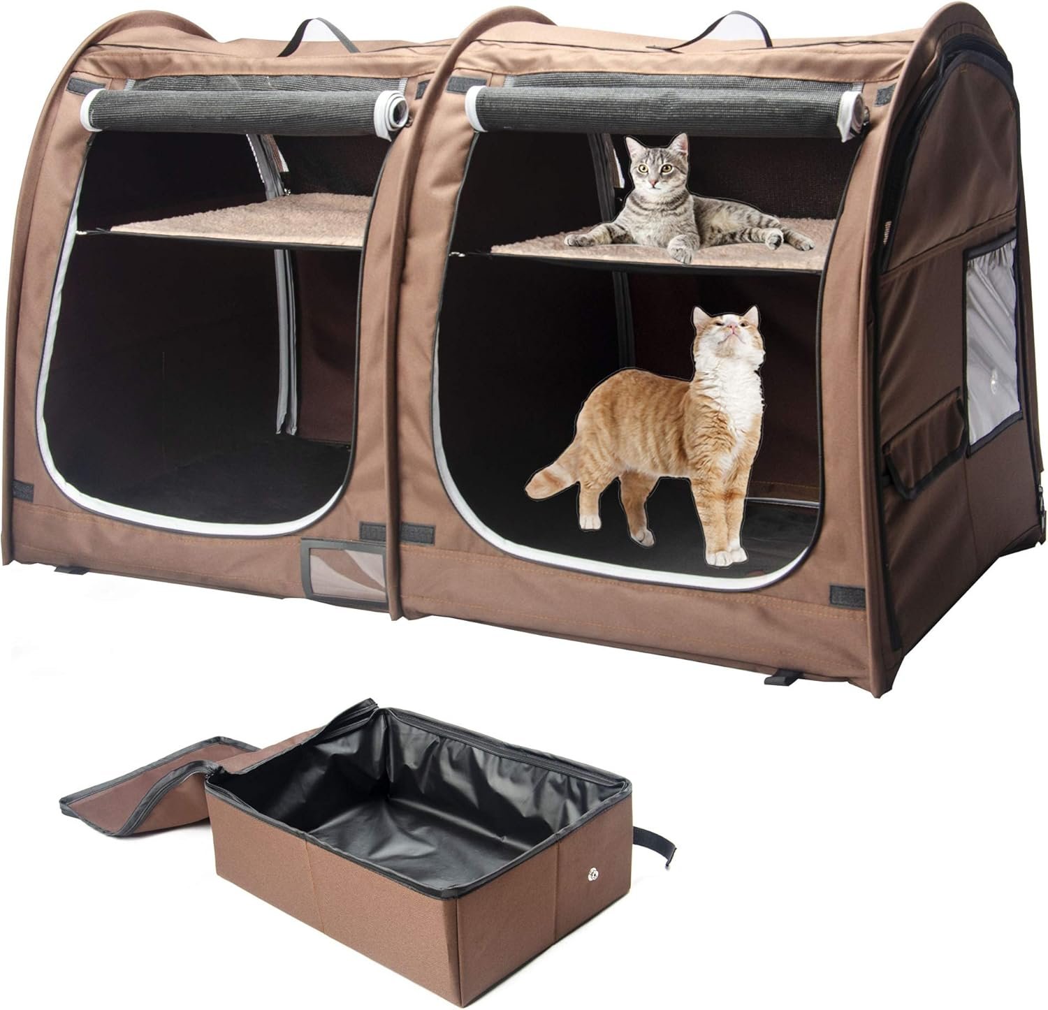 Portable Twin Compartment Show House Cat Cage/Condo - Easy to Fold & Carry Kennel - Comfy Puppy Home & Dog Travel Crate with Portable Carry Bag/Two Hammocks/Mats and Collapsible Litter Box