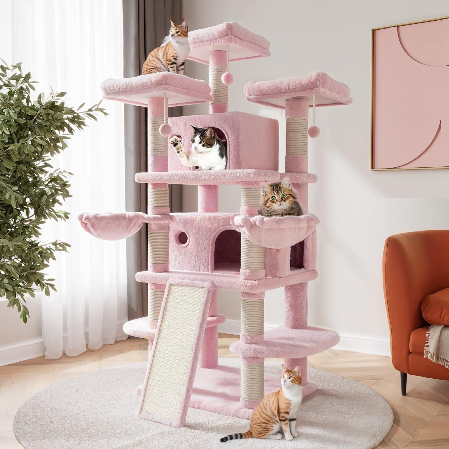 68 Inches Multi-Level Large Cat Tree for Large Kitties/Big Cat Tower with Condo/Cozy Plush Pussycat Perches/Sisal Scratching Posts and Hammocks/Activity Center/Pink