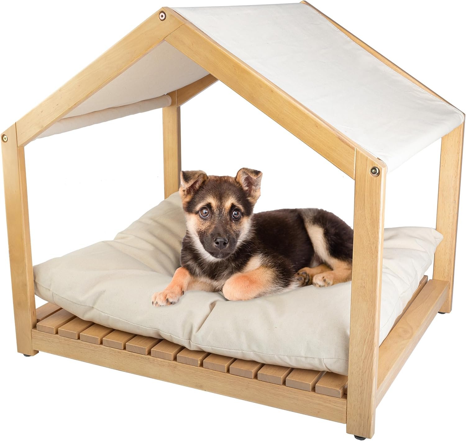 Dog House - 30x24-Inch Indoor Dog House with Soft Cushion and Adjustable Canopy - Wood Dog Furniture for Small to Medium Pets up to 70lbs by