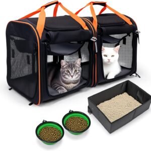 Large Cat Carrier 2-in-1 with Litter Box & Bowl, Portable Cat Carrier Hard for 2 Cats, Double Cat Travel Carrier with Safety Locking Zippers, Ideal for Long Distance Trips, Outdoor Adventures