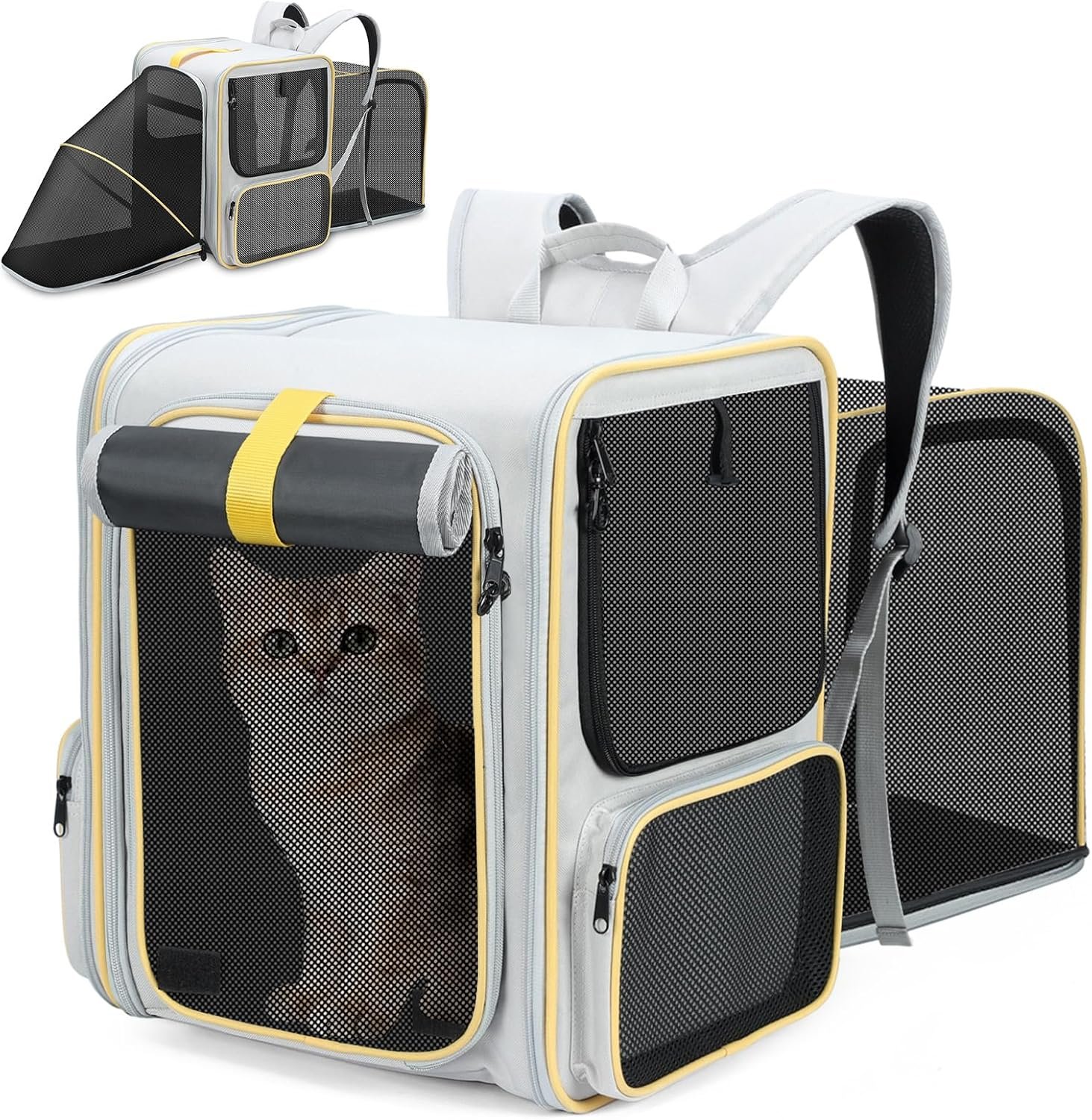Cat Backpack Expandable Pet Carrier for Small Dogs Medium Cats Fit Up to 22 Lbs, Dog Backpack, Extendable Foldable Puppy Kitty Carrier for Travel, Hiking,Beige