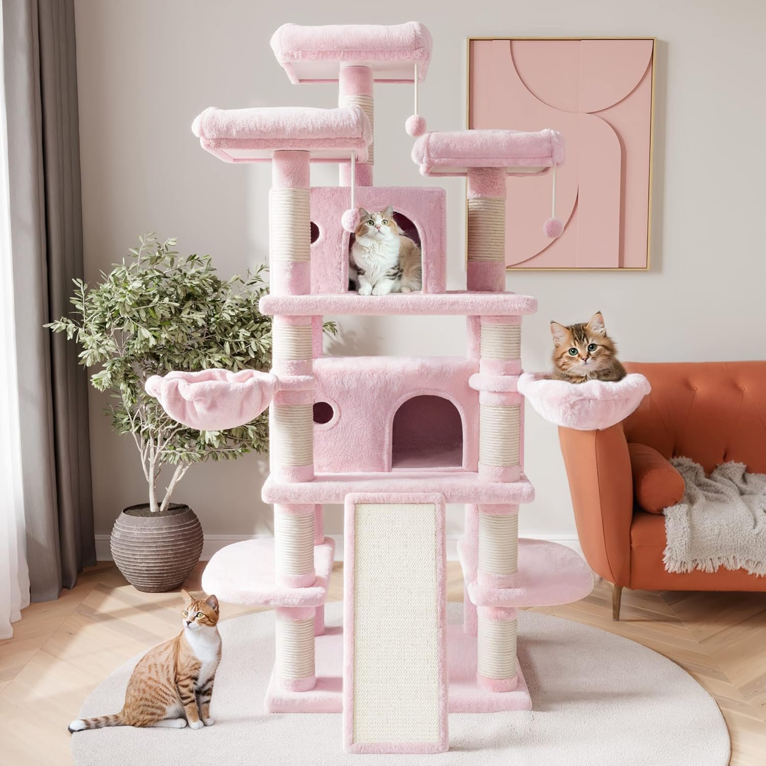 68 Inches Multi-Level Large Cat Tree for Large Kitties/Big Cat Tower with Condo/Cozy Plush Pussycat Perches/Sisal Scratching Posts and Hammocks/Activity Center/Pink - Image 2