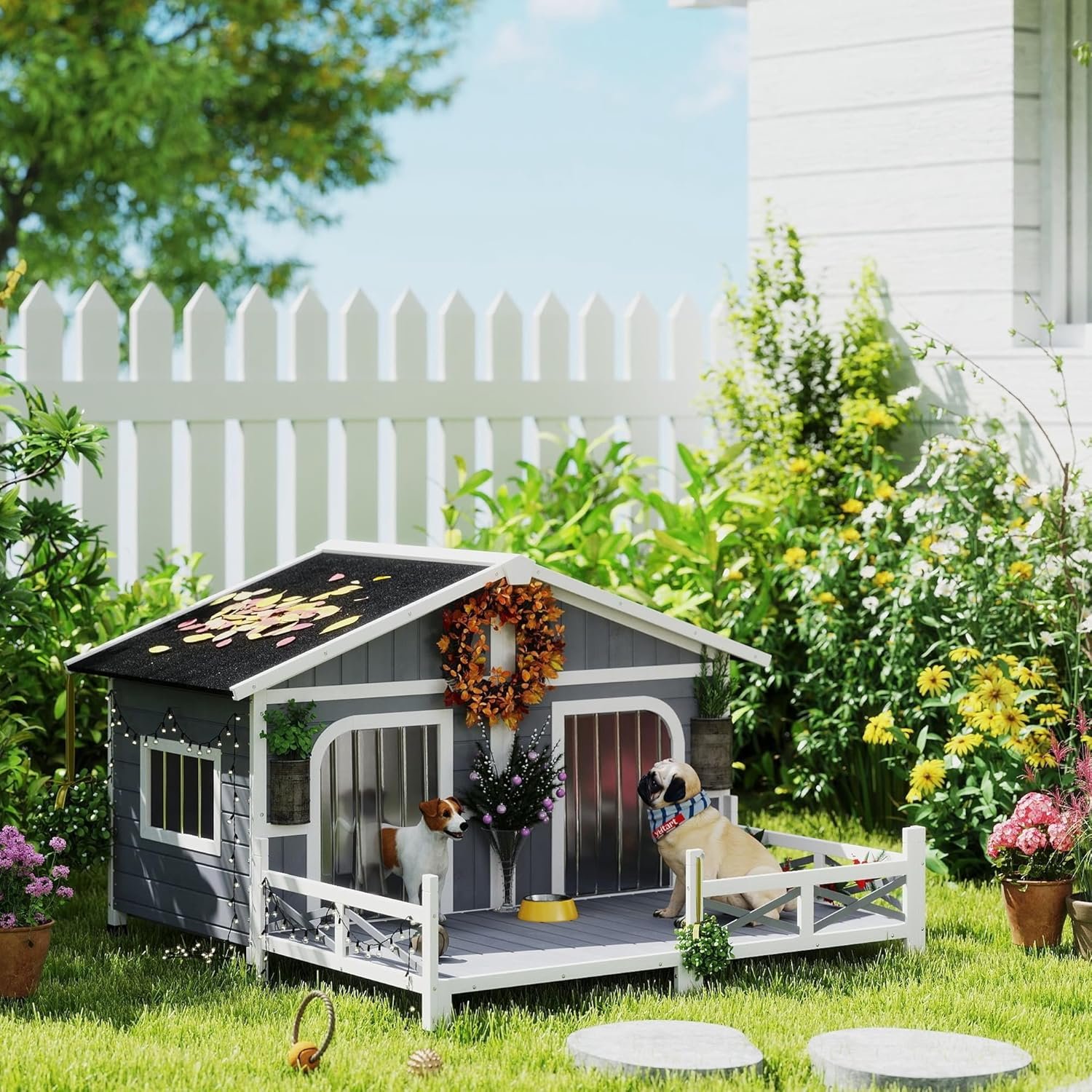 Dog House Outdoor, Wooden Dog Kennel Weatherproof with Porch, Double Room, Openable Roof, Removable Bottom, Elevated Floor, for Small to Medium Dogs, Gray - Image 2