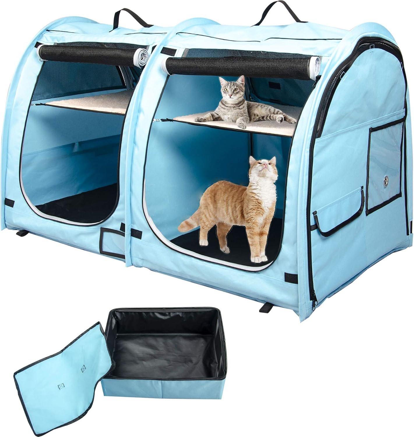 Portable Twin Compartment Show House Cat Cage/Condo - Easy to Fold & Carry Kennel - Comfy Puppy Home & Dog Travel Crate with Portable Carry Bag/Two Hammocks/Mats and Collapsible Litter Box