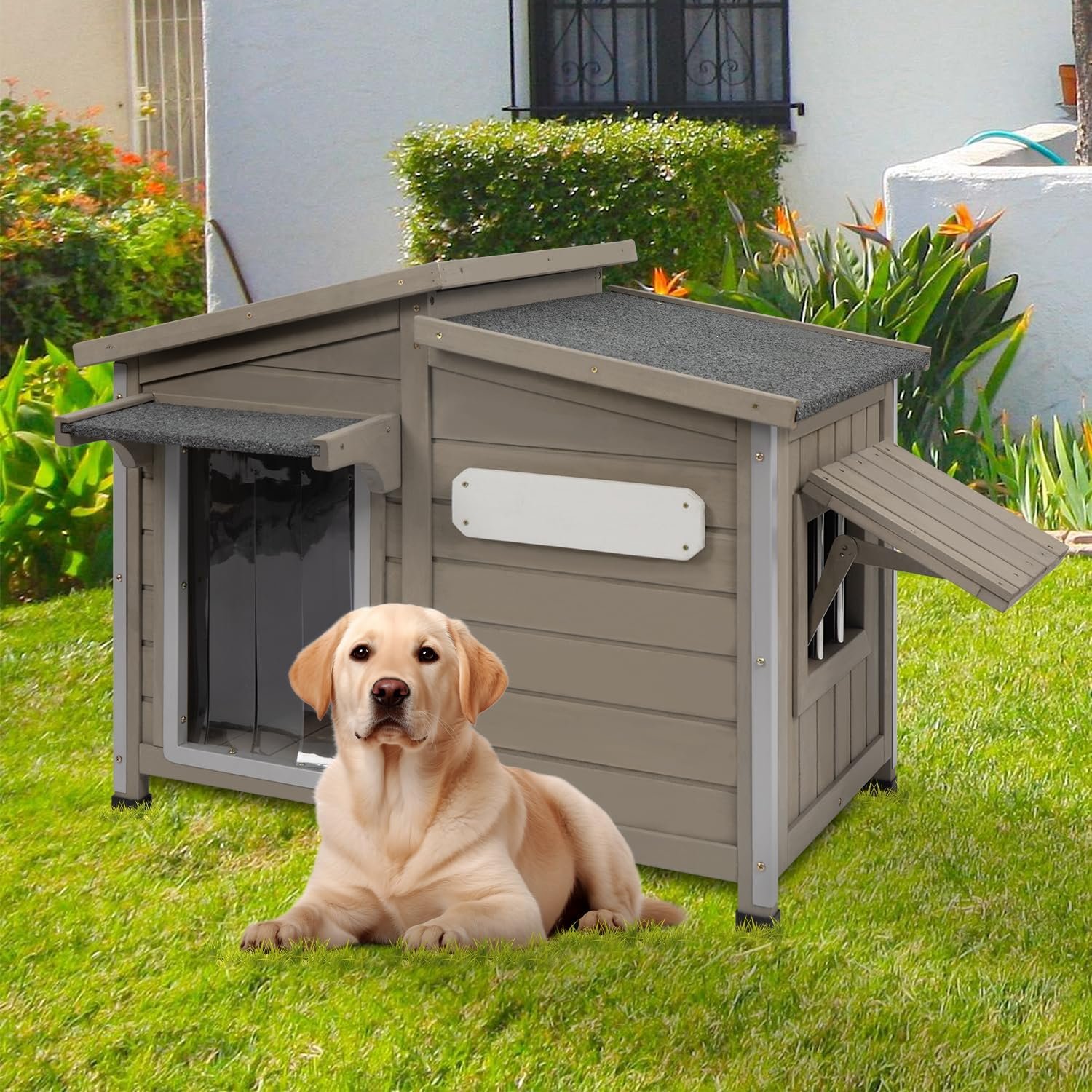 Dog House Outdoor Weatherproof Large Wooden Dog Kennel Indoor with Chew-Proof Iron Frame, Removable Floor, and Adjustable Window for Large and Medium Dogs (Grey, 34" D x 22" W x 26.5" H)