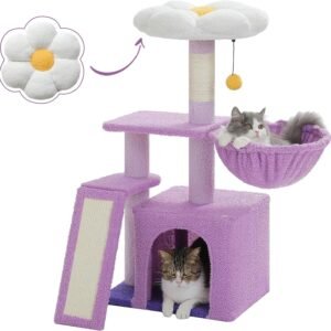 Flower Cat Tree for Indoor Cats, 32'' Small Cat Tower Cat Condo with Sisal Scratching Ramp, Cozy Hammock and Removable Flower Bed Perch for Kittens, Purple